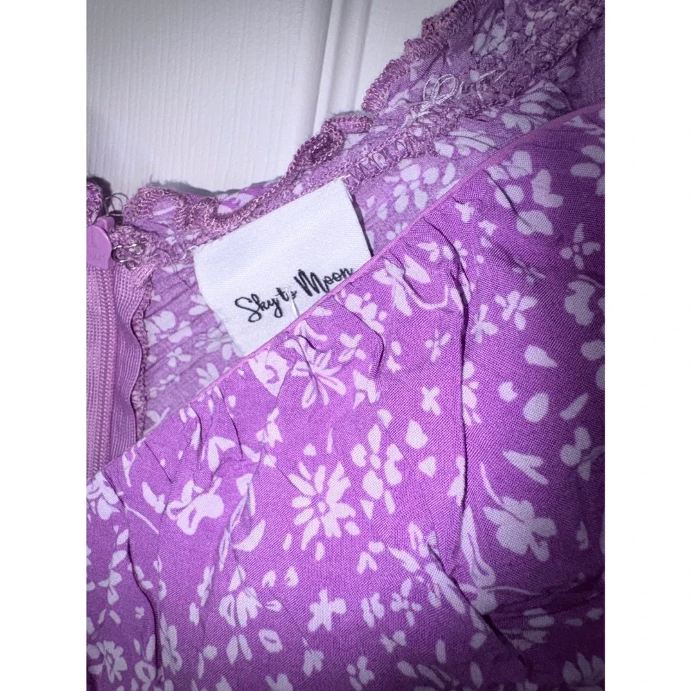 Purple Floral Ruched Mini Dress Romantic Cottagecore Puff Sleeve Bodycon Sz S - Picture 5 of 5